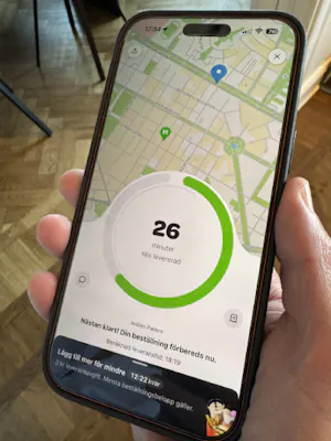Wolt app med sporing af madlevering og estimeret leveringstid i realtid